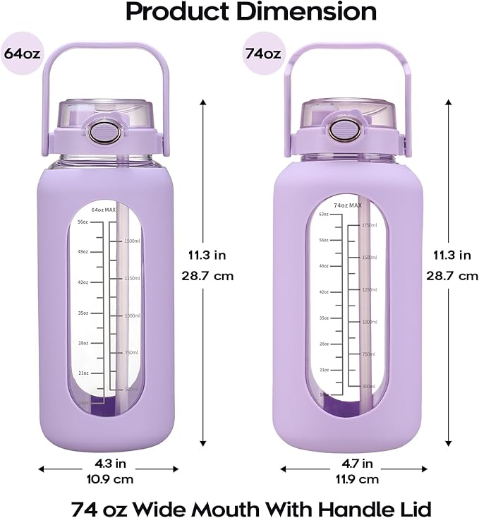 74 oz Glass Water Bolttles with Straw Large Motivational Water Bottle with Time Marker Sports Water Bottles with Silicone Sleeve and Handle Lid 2.2L Water Jug for Gym Workout