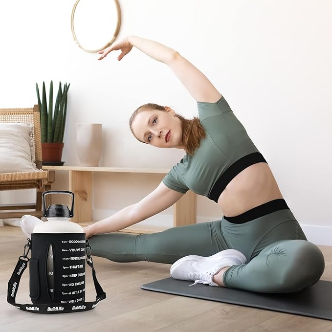 QuiFit 1 Gallon Water Bottle - with Straw & Motivational Time Marker Leak-Proof BPA Free Reusable Gym Sports Outdoor Large(128OZ) Capacity Water Jug(Gray/Black with Sleeve,1 Gallon)