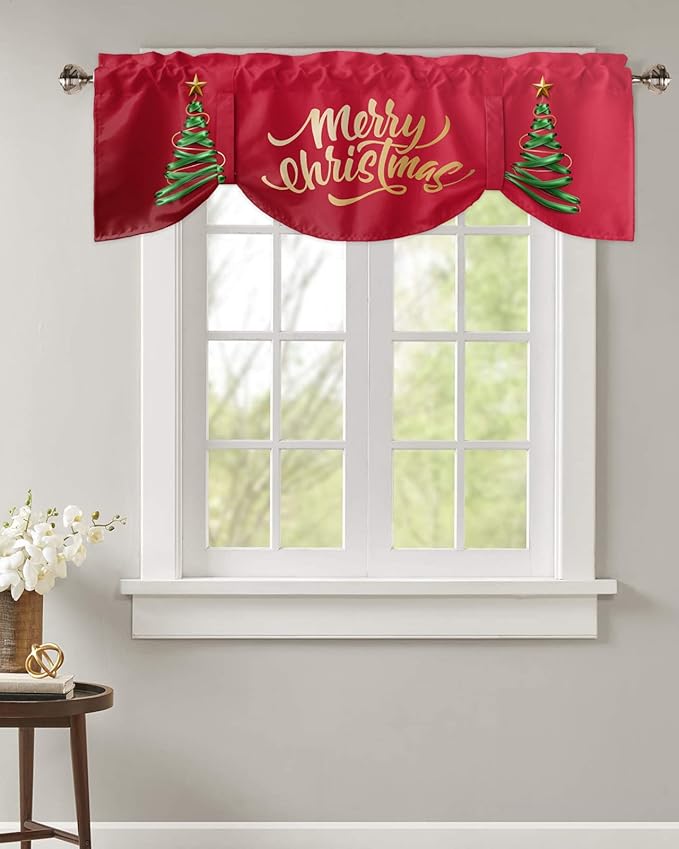 Merry Christmas Blackout Tie Up Valance Curtains for Kitchen Windows Christmas Tree Window Toppers Balloon Shades for Living Room/Bathroom/Bedroom,1 Panel,42" X 18" Winter Holidays