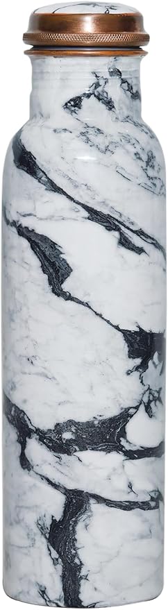 Copper Ayurveda Copper Water Bottle for Drinking – Travel Water Bottle for Gym, Yoga, Office, Hiking, Outdoor – with Lid (White Black Marble)