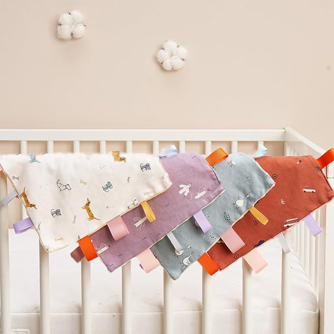 Baby Tags Security Blanket, Sensory Soothing Blanket with Tags,Dotted Backing Taggies Blanket for 3-12 Months Boys and Girls. (Sheep)