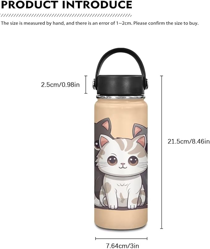 Cat Insulated Water Bottle with Handle Stainless Steel Water Bottle 18 Oz Travel Cup Reusable for Travel Camping Hiking Bike Sports Gym & Office