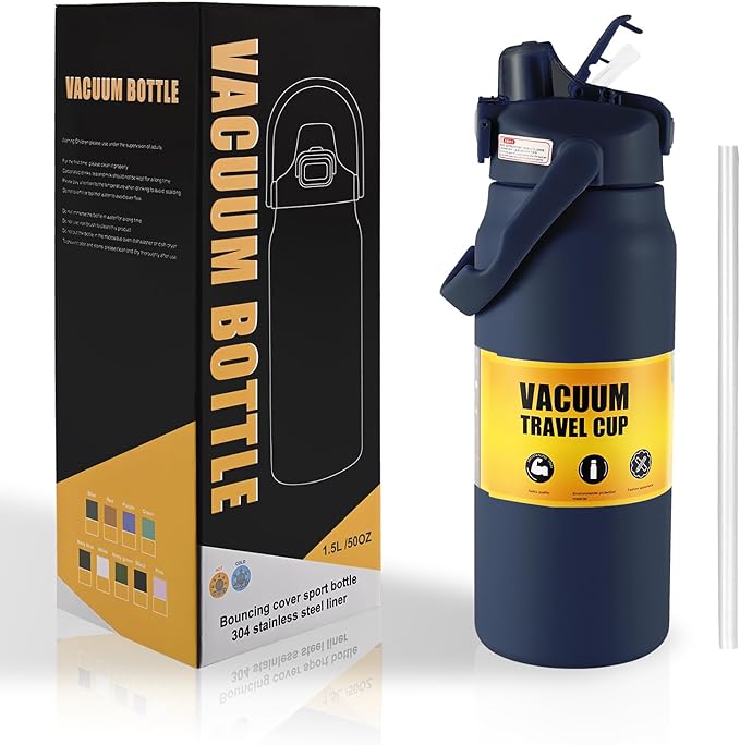 50oz/1.5L Insulated Sports Water Bottle, Stainless Steel Double Wall Water Jug with Handle, 2-in-1 Chug Spout and Straw Lid with Lock Cover for School, Outdoor, Sports & Travel, Navy Blue
