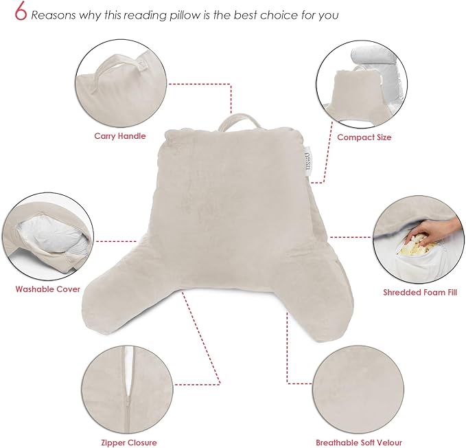 Nestl Reading Pillow Standard Bed Pillow, Back Pillow for Sitting in Bed Shredded Memory Foam Chair Pillow, Reading & Bed Rest Pillows Linen Back Pillow for Bed, Bed Chair Arm Pillow with Pockets