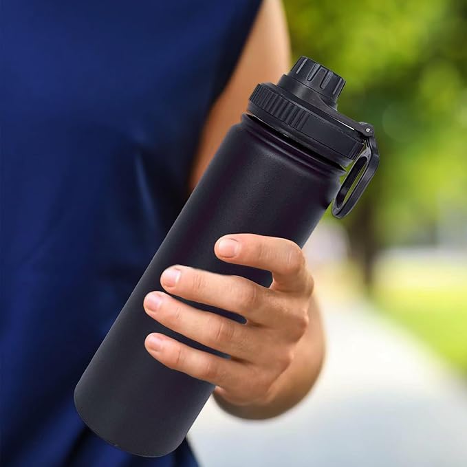 22oz Insulated Water Bottle ,Stainless Steel Sports Water Cup Flask with 2 Lids, Wide Mouth Travel Thermal Mug,Outdoor Sports Bottle(Blue Black)