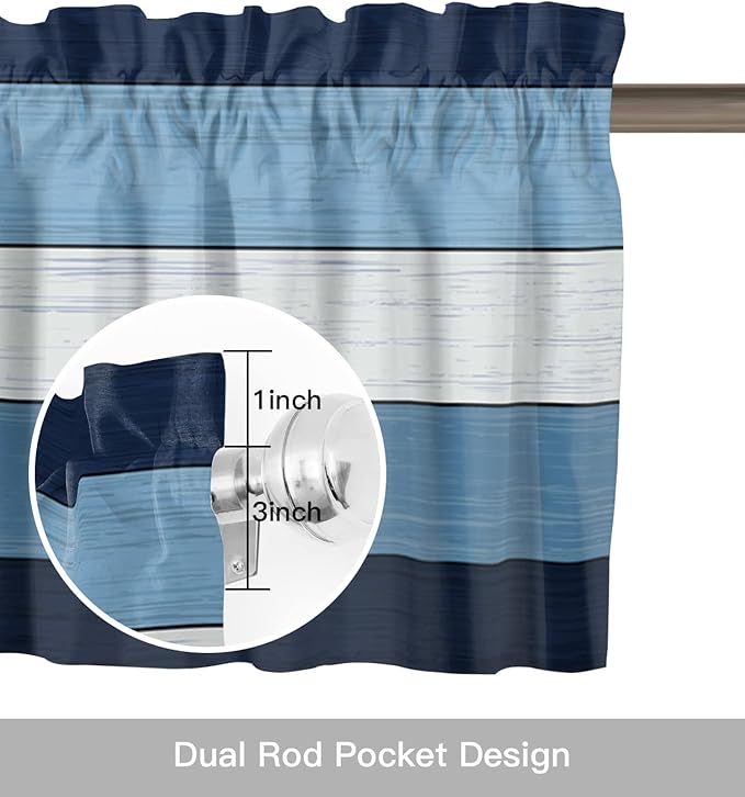 Farmhouse Kitchen Curtains Valances for Windows ,Navy Sky Blue White Rod Pocket Country Window Treatment for Kitchen /Living Room/Bedroom/ Bathroom,42" X 12" -1 Panel, Retro Rustic Barn Wood Texture