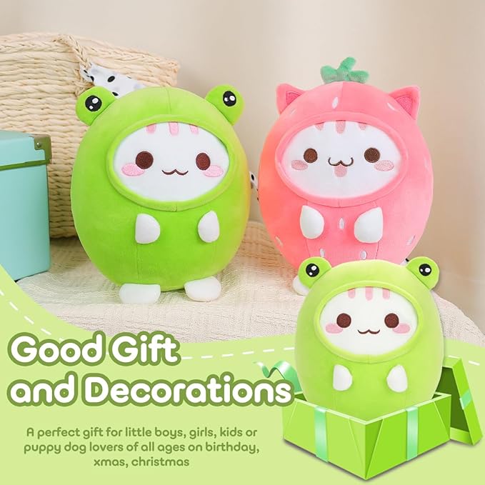 Cute Plush Frog Cat Stuffed Animal Pillow, 8" Soft Kawaii Kitten Plushie with Frog Outfit Gift for Kids