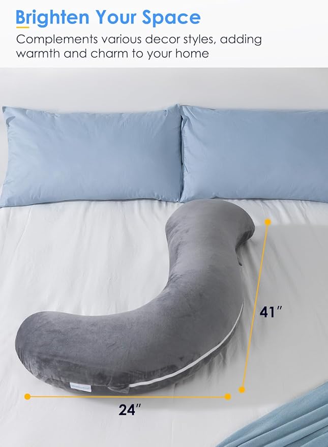 QUEEN ROSE Extra Soft Body Pillow, Full Body Support Pillow for Side Sleepers, Comfy S Shaped Hug Pillow for Adults, with Removable Pillowcase, Dark Grey