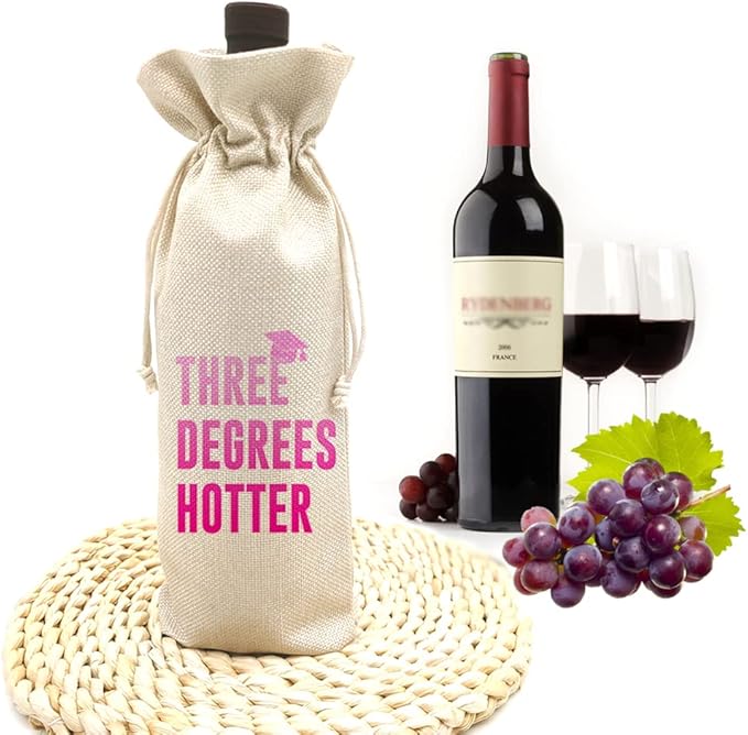 Graduation Three Degree Hotter,Funny Cute Wine Bag Gift,College Graduation Gift for Him Her Grad Masters Congrats Cap-Linen Drawstring Wine Bags(5SW116)