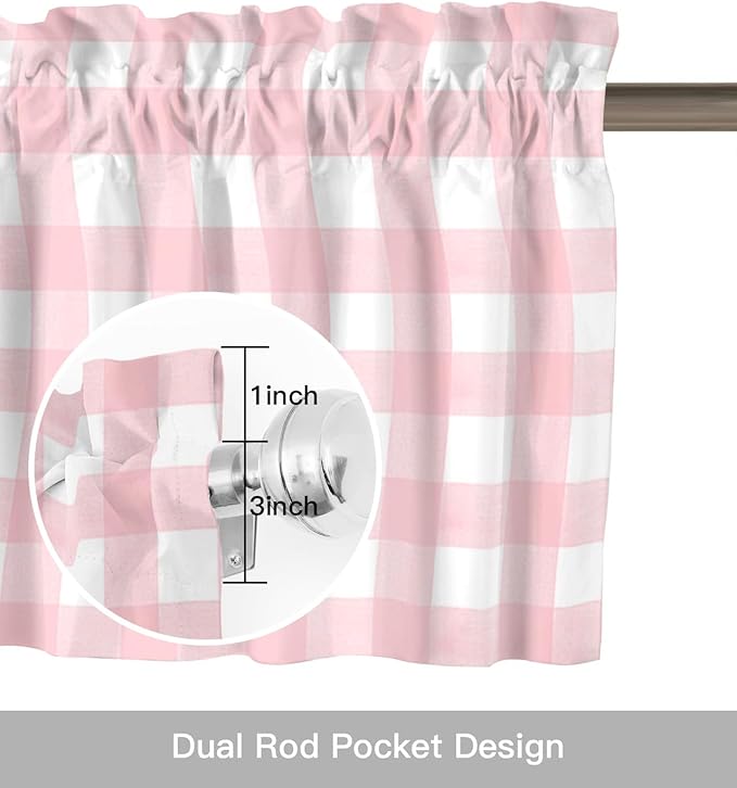 Christmas Valance Curtains for Kitchen Windows Rustic Pink White Buffalo Check Plaid Pattern Rod Pocket Window Treatment Toppers for Kitchen/Living Room/Bedroom/Bathroom, 42" X 18", Farmhouse