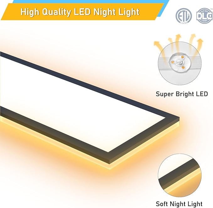 AIKVSXER 6Pack 1x4 Black LED Flat Panel Light Surface Mount 50W 4CCT 5500Lm with Night Light, 3000K/4000K/5000K/ Flush Mount Ceiling Light, for Household and Commercial-ETL