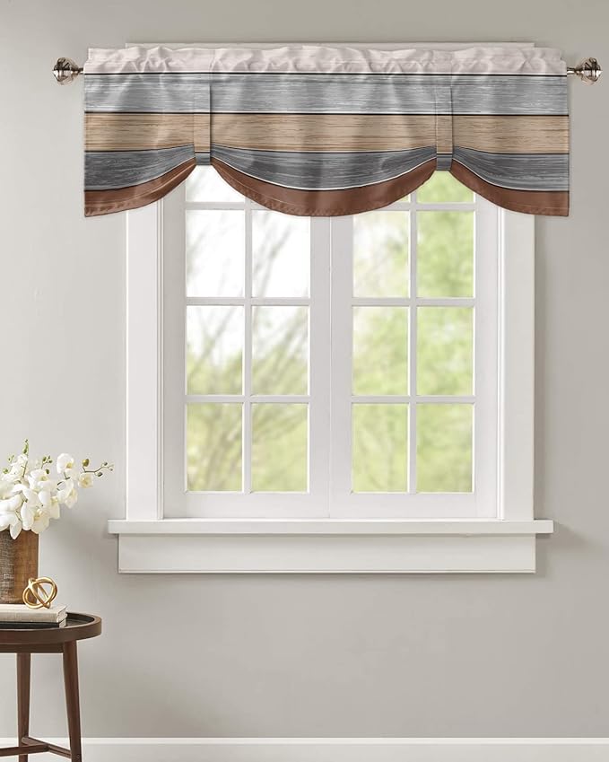 Farmhouse Fall Blackout Tie Up Valance Curtains for Kitchen Windows, Brown Grey Window Toppers Balloon Shades for Living Room/Bathroom/Bedroom,1 Panel,60" X 18" Retro Rustic Barn Wood Texture