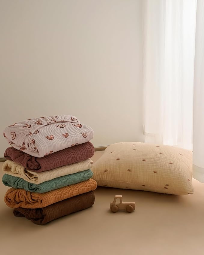 Blissful Diary Muslin Mini Crib Sheets, Pack and Play Mattress Sheets Fitted for Pack N Play, Soft Cotton for Boys Girls, 2 Pack(Rainbow&Cedar)