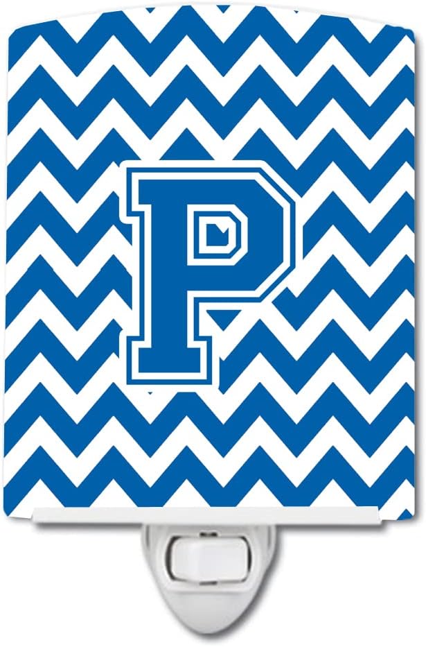 Caroline's Treasures CJ1056-PCNL Letter P Chevron Blue and White Ceramic Night Light Compact, UL-Certified, Ideal for Bedroom, Bathroom, Nursery, Hallway, Kitchen, 6x4x3, Multicolor