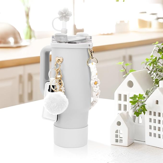 Stanley Cup Accessories Set Including 1 Pcs Siliocne Stanley Cup Boot, 1 Pcs Water Bottle Handle Strap, 1 Pcs Siliocne Straw Cover, 3 Pcs Stanley Charms for Stanley Cup 40oz & 30oz Tumbler - White