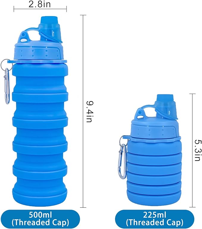 Collapsible Water Bottles Travel Sports Portable Sport Water Bottle comes with mountaineering Buckle 500ml silicone Water-proof camping water bottle (Blue Color)
