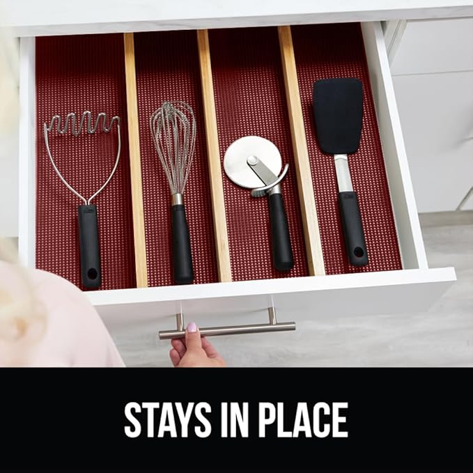 Gorilla Grip powerGRIP Drawer Shelf and Cabinet Liner, Thick Strong Hold, Non-Adhesive Liners Protect Kitchen Cabinets and Cupboard, Bathroom Drawers, Easy Install, Breathable Mat, 17.5" x20', Red