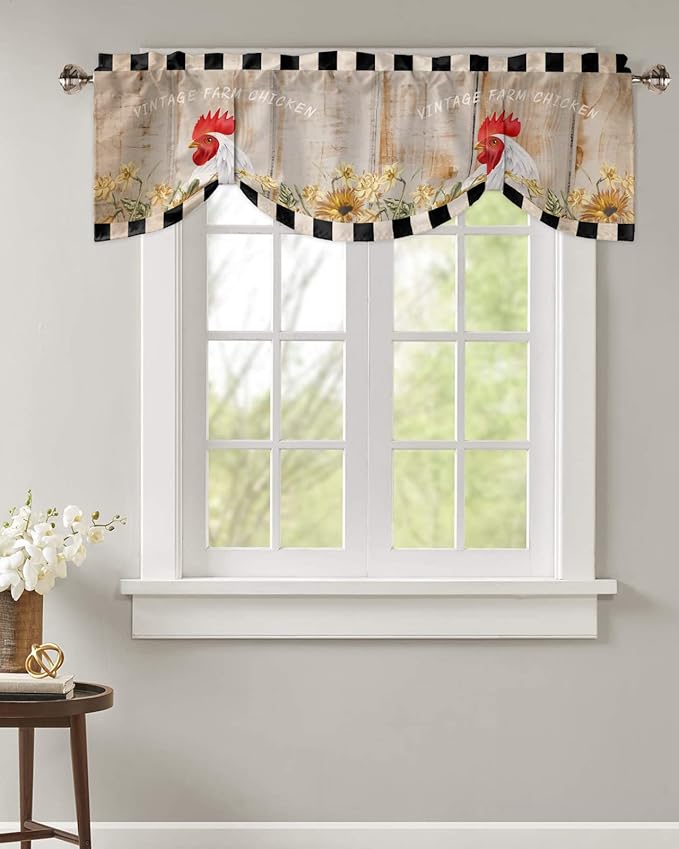Farmhouse Blackout Tie Up Valance Curtains for Kitchen Windows Sunflower Vintage Farm Chicken Window Toppers Balloon Shades for Living Room/Bathroom/Bedroom,1 Panel,60" X 18" Black White Plaid