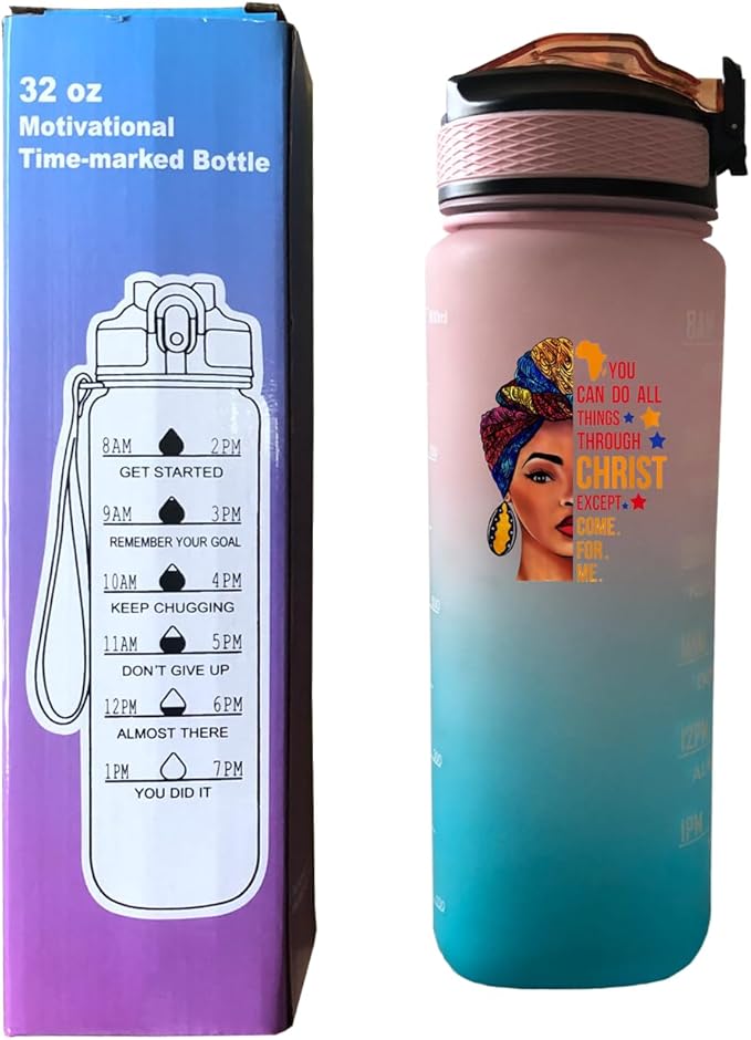 African American Woman with Quotes 32 OZ Drinking Water Bottle with Times to Drink and Straw, Motivational with Carrying Strap, Leakproof BPA & Toxic Free, Ensure You Drink Enough Water