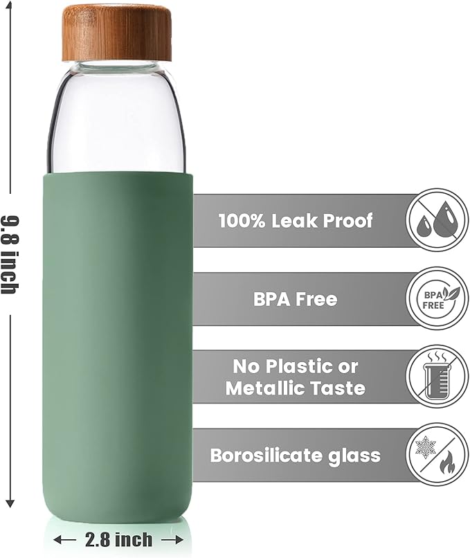 veegoal Glass Water Bottles 25 Oz Borosilicate with Bamboo Lid, BPA-FREE, Non-Slip Silicone Sleeve, and Stainless Steel Leak Proof Lid - Reusable Glass Bottle for Men and Women
