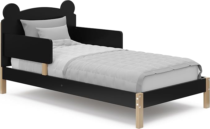 Storkcraft Teddy Bear Toddler Bed (Black with Driftwood) - GREENGUARD Gold Certified, includes Toddler Safety Guardrails, Fits Standard Crib & Toddler Mattress, Stylish 2-Tone Design