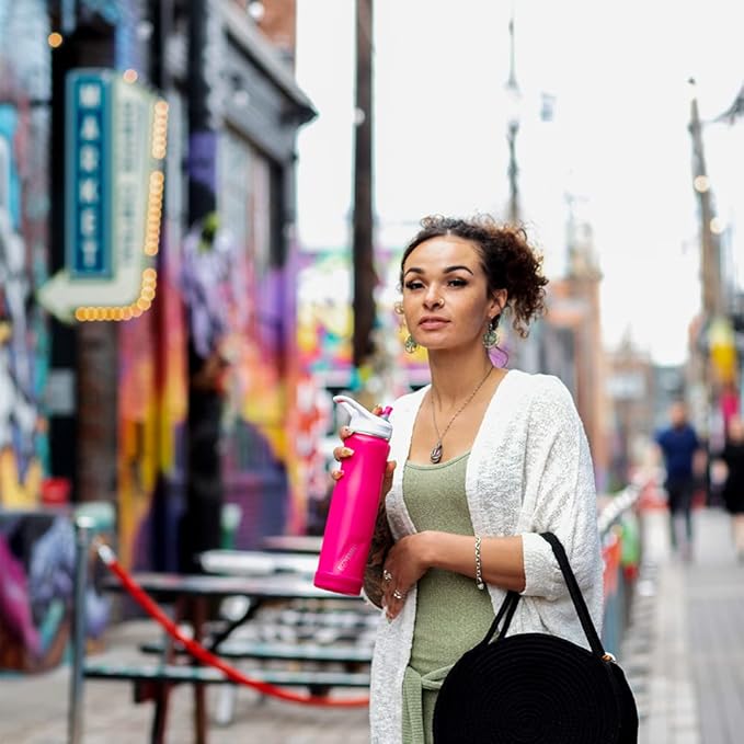 EcoVessel SUMMIT, Insulated Stainless Steel Water Bottle with Straw and Handle Flip Top Lid with Silicone Bottle Bumper Metal Water Bottle – 24 oz (Wild Magenta)