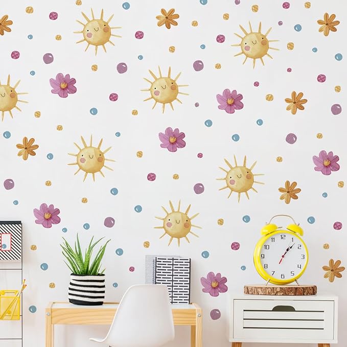 Watercolor Boho Smiling Sun Wall Decals Removable DIY Colorful Flowers Wall Decal Peel and Stick Dewdrops Wall Stickers Wall Art for Baby Nursery Bedroom Living Room Playroom Decor