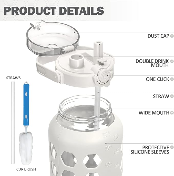 MUKOKO Half Gallon/64 oz Glass Water Bottles with Straw and Lid,Motivational Water Jug with Time Marker Reminder and Silicone Sleeve,100% Leakproof BPA Free Fitness Sports Large Bottle-White