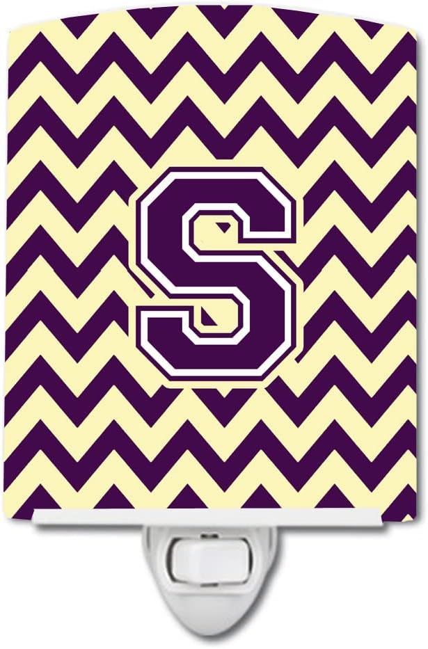 Caroline's Treasures CJ1058-SCNL Letter S Chevron Purple and Gold Ceramic Night Light Compact, UL-Certified, Ideal for Bedroom, Bathroom, Nursery, Hallway, Kitchen, 6x4x3, Multicolor