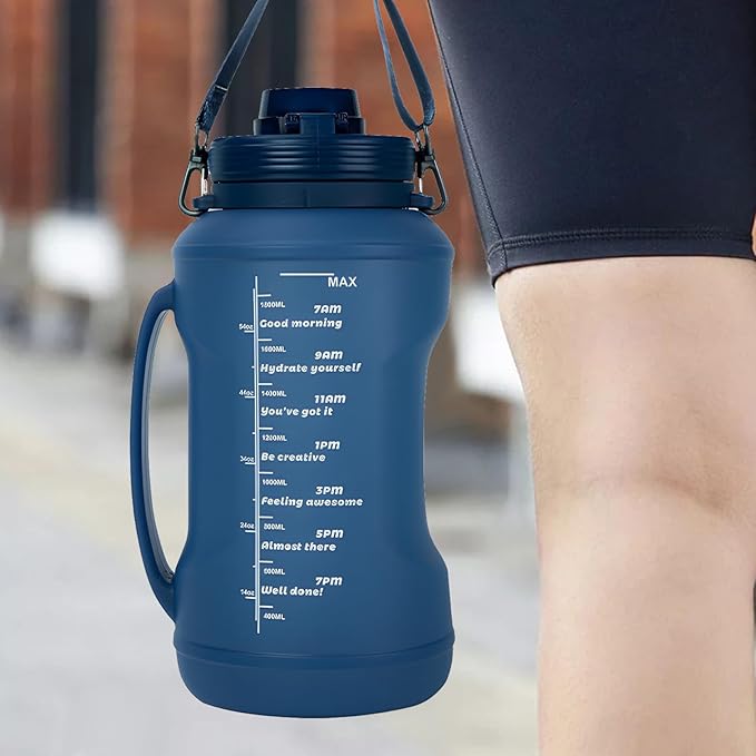 Collapsible 64oz Water Bottle with Handle & Straw - Spill-Proof Foldable Silicone Bottle for Men/Women (Blue, 2L)