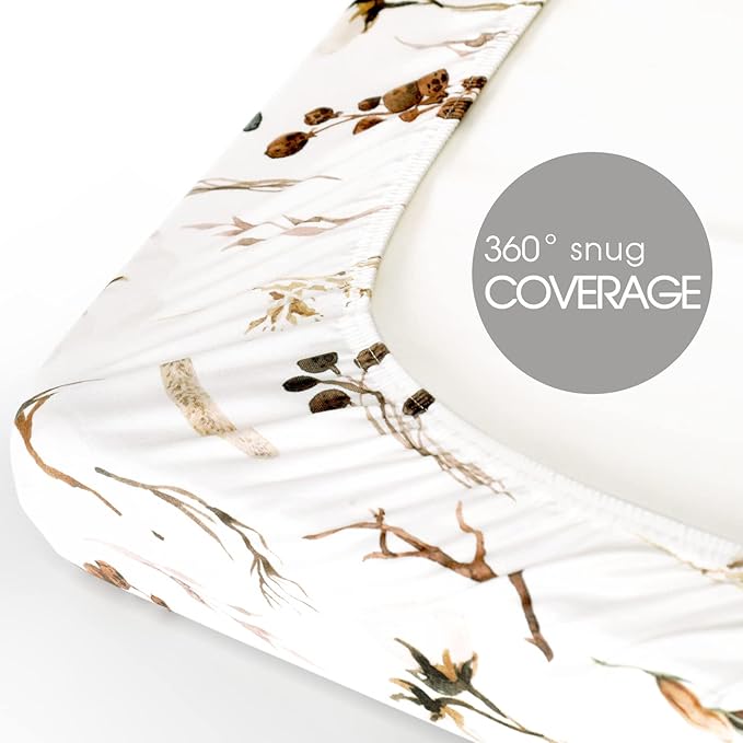 GRSSDER Stretchy Ultra Soft Jersey Knit Fitted Pack n Play Sheets Set 2 Pack, Neutral Portable/Mini Cribs Sheets, Fit Playards Mattress Pads Safe and Snug, Stylish Pretty Flora for Baby, Beige