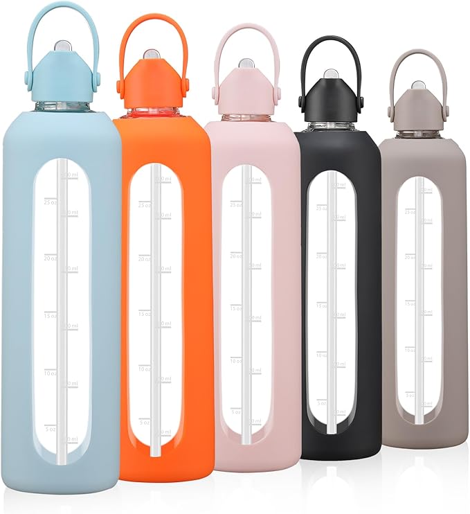 32 oz Glass Water Bottles with Straw Borosilicate Glass Water Bottle with Time Marker Motivational Water Bottles with Silicone Sleeve Leak Proof Reusable BPA Free