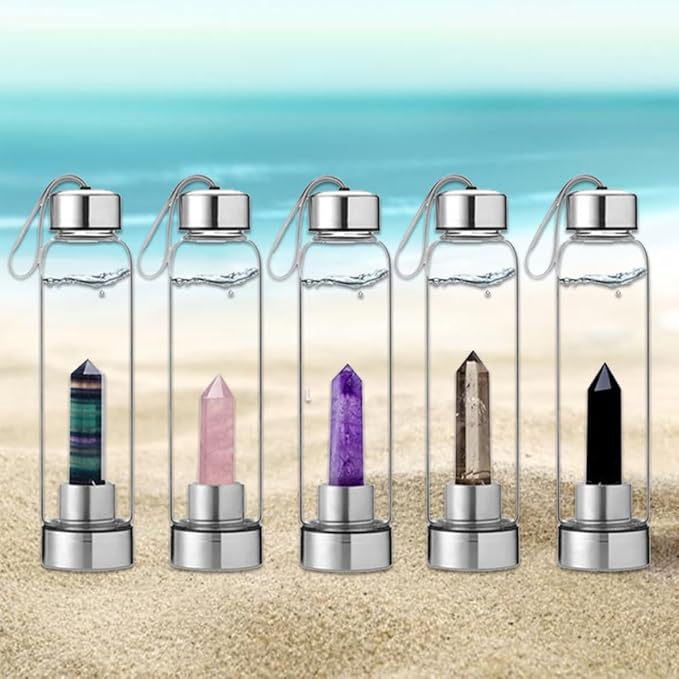 Crystal Glass Water Bottle,Water Bottle With Gemstone Center Crystal Elixir Bottle,Removable Gemstones Water Cup Crystal Column Magic Wand Energy Cup for Gifts (T-Bright Colorful Fluorite)