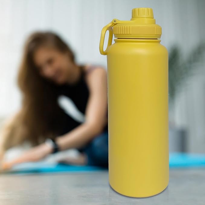 40oz Insulated Water Bottle ,Stainless Steel Sports Water Cup Flask with 2 Lids, Wide Mouth Travel Thermal Mug,Outdoor Sports Bottle(Mango yellow)