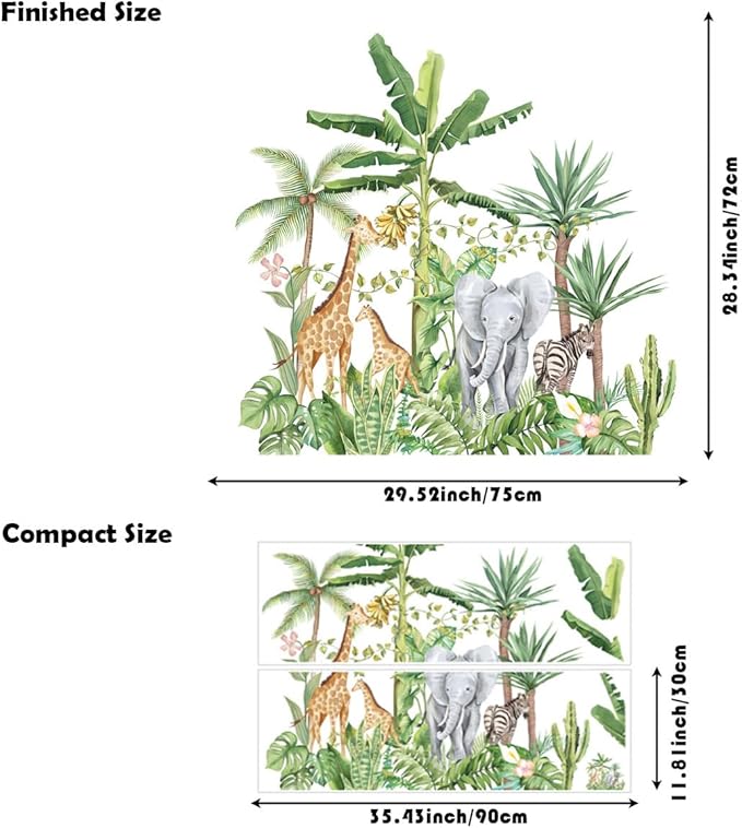 Large Jungle Animals Wall Decals Nordic Plant Wall Sticker Elephant Giraffe Zebra Wall Stickers for Baby Nursery Kids Room Playroom Wall Decor