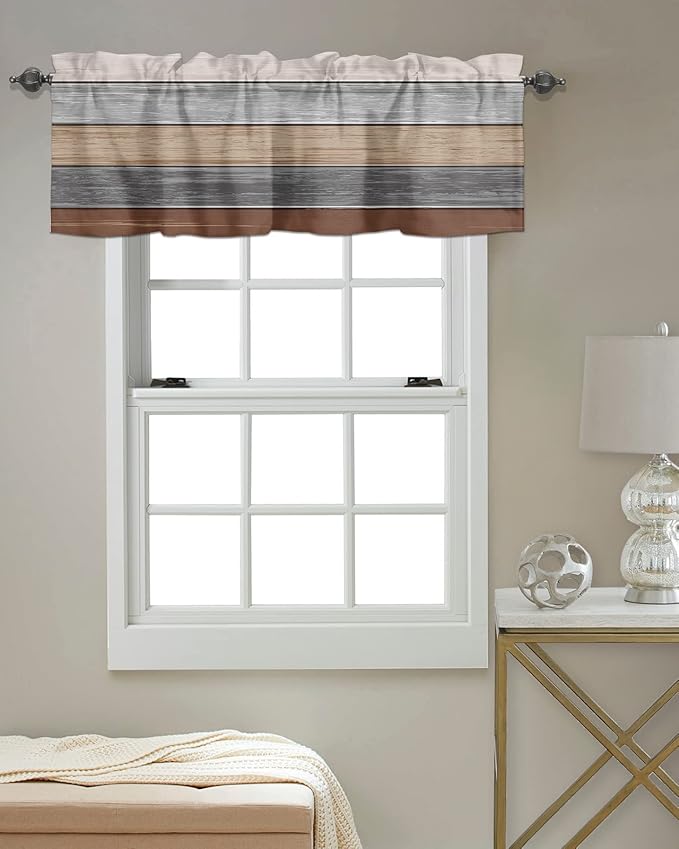 Farmhouse Fall Kitchen Curtains Valances for Windows , Brown Grey Rod Pocket Country Window Treatment for Kitchen /Living Room/Bedroom/ Bathroom,42" X 18" -1 Panel, Retro Rustic Barn Wood Texture