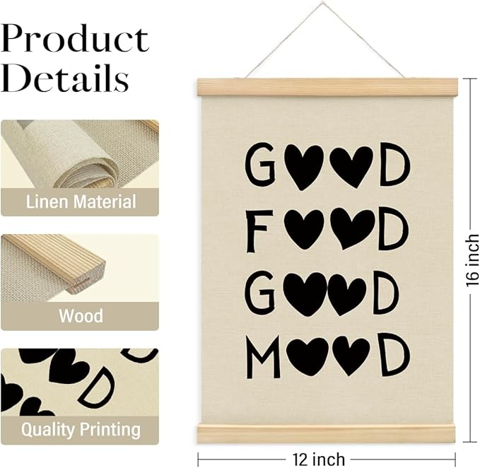 BIWSHA Good Food Good Mood Canvas Poster Framed Hanger 12x16 Inch,Funny Black Heart Kitchen Quotes Decor,Funny Words Poster,Kitchen Dining Room Decor