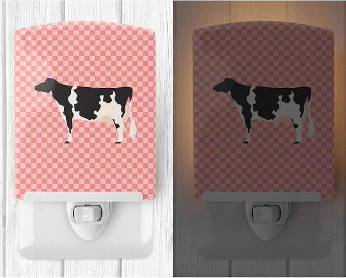 Caroline's Treasures BB7822CNL Holstein Cow Pink Check Ceramic Night Light Compact, UL-Certified, Ideal for Bedroom, Bathroom, Nursery, Hallway, Kitchen, 6x4x3, Multicolor