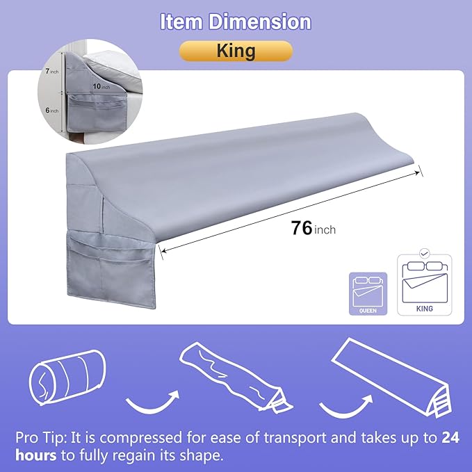 Vekkia King Size Bed Wedge Pillow for Headboard Gap, Mattress Gap Filler W/Big Pockets, Triangle Bloster Pillow, Bed Gap Filler to Close The Gap (0-6") Between Your Headboard and Mattress, Light Grey