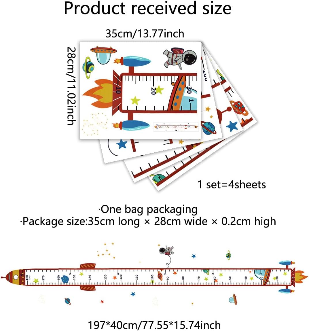 Rocket Self-adheve Vinyl Nursery Wall Decal Baby Growth Chart Sticker for Bedroom Play Room Peel and Stick Kindergarten Height Measure Mural