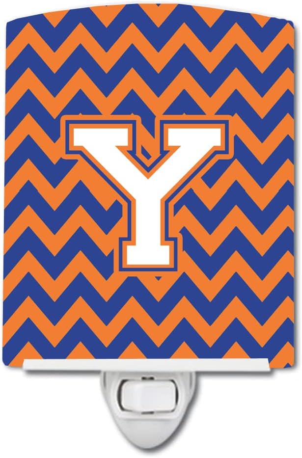 Caroline's Treasures CJ1060-YCNL Letter Y Chevron Blue and Orange #3 Ceramic Night Light Compact, UL-Certified, Ideal for Bedroom, Bathroom, Nursery, Hallway, Kitchen, 6x4x3, Multicolor