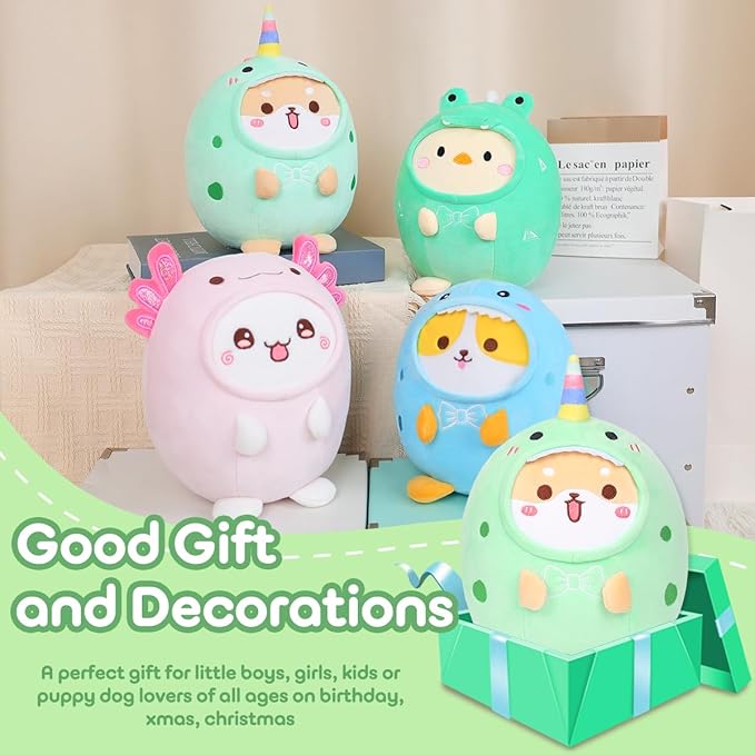 Cute Plush Shiba Inu Dinosaur Stuffed Animal Pillow, 8" Soft Kawaii Akita Plushie with Dinosaur Outfit Gift for Kids