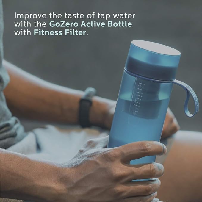 PHILIPS Water GoZero Active BPA-Free Water Bottle with Fitness Tap Water Filter, Sport Squeeze Water Bottle, Lightweight, Blue, 20 oz with Fitness Filter, Blue