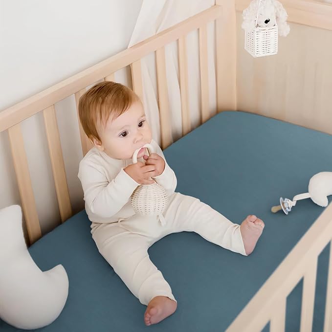 GRSSDER Mini Crib Sheets Fitted, Pack and Play Sheets 2 Pack, Ultra Soft Stretchy Pack N Play Sheets, Universal Fit for Playard Mattress, Jersey Crib Sheets Neutral for Boys and Girls, Blue