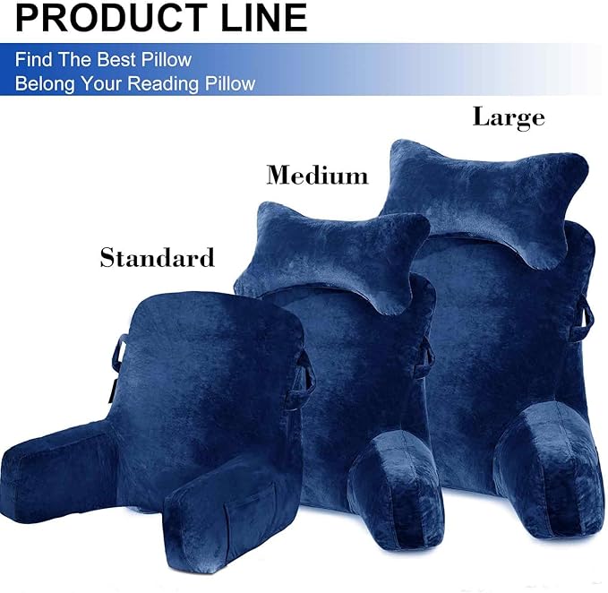 SLIGUY Reading Pillow Standard Bed Pillow for Sitting in Bed Couch or Floor-Backrest with Arms Support and Pockets, Adult Back Pillow Bed Chair for Bed Rest, Reading, Watching TV, Gaming, Blue