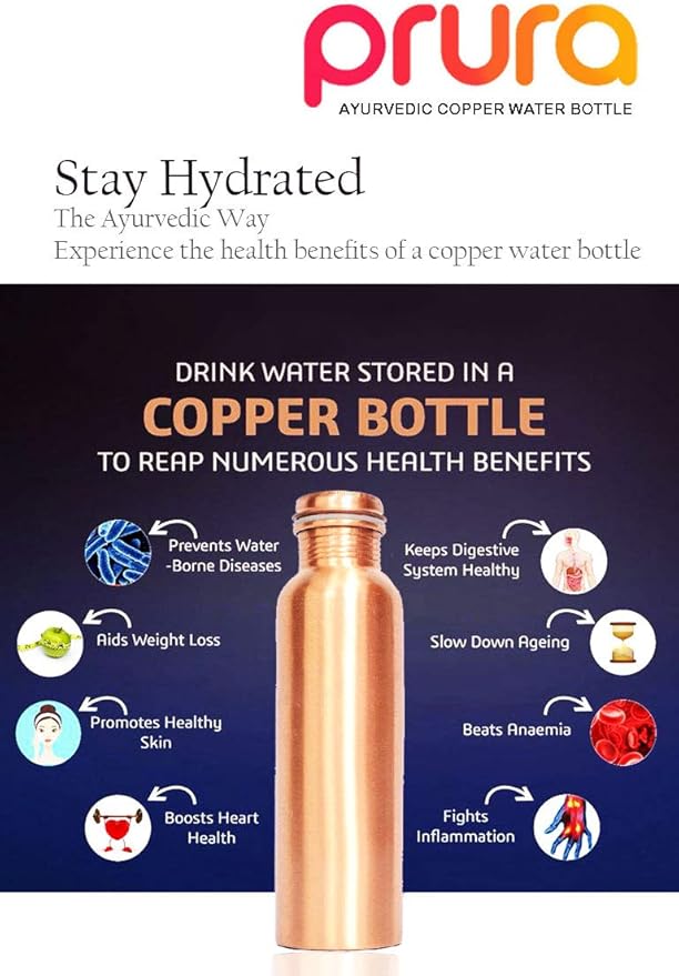 Diamond Cut Copper Water Bottle - Leak Proof Ayurvedic Drinkware Copper Vessel for Sports, Gym, Outdoors, Yoga (30 oz)