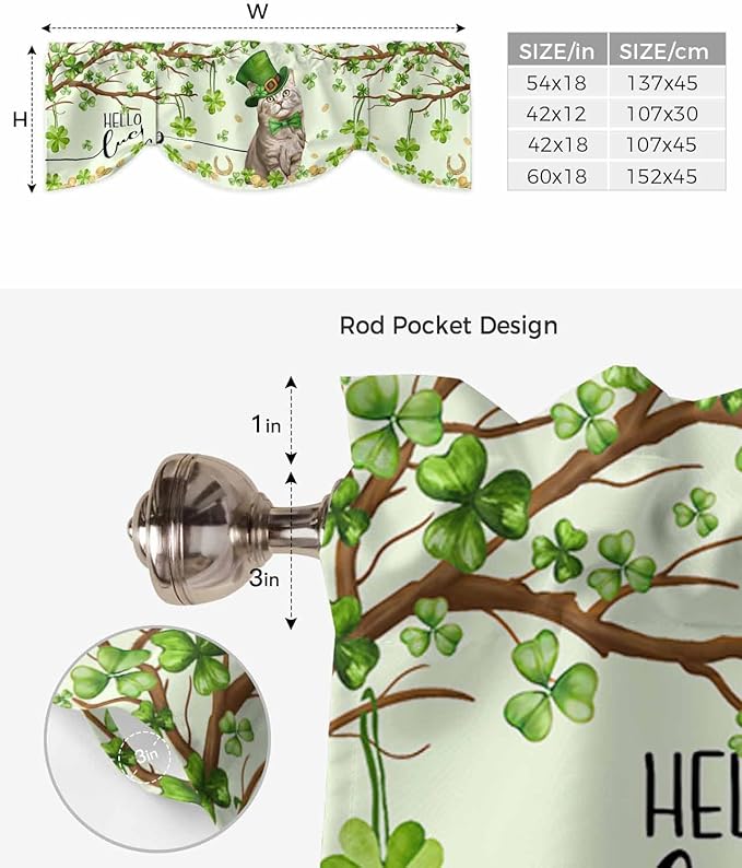 Lucky Cat St. Patrick's Day Blackout Tie Up Valance Curtains for Kitchen Windows Green Spring Shamrocks Tree Window Toppers Balloon Shades for Living Room/Bathroom/Bedroom,1 Panel, 60" X 18"