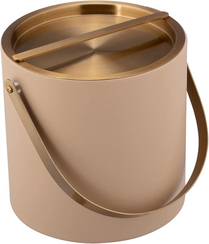Kraftware 3qt Brushed Gold Arch Handle & Bridge Cover: Beige Santa Barbara 3 quart Ice Bucket, Small