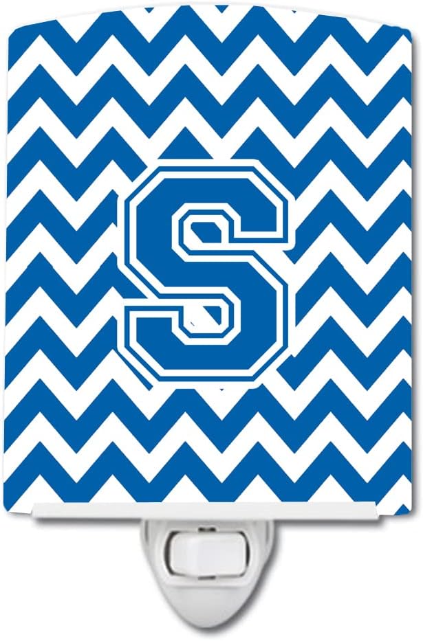 Caroline's Treasures CJ1056-SCNL Letter S Chevron Blue and White Ceramic Night Light Compact, UL-Certified, Ideal for Bedroom, Bathroom, Nursery, Hallway, Kitchen, 6x4x3, Multicolor