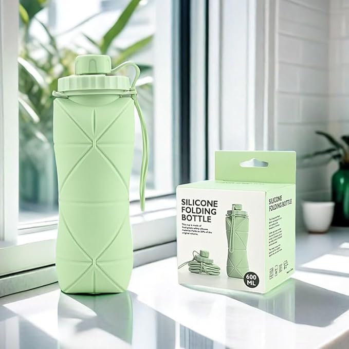 Collapsible Water Bottle, Silicone Foldable Water Bottles For Travel,Lightweight, Leakproof, and Reusable Perfect for Travel, Camping, Yoga, and Outdoor Sports,BPA Free, 20 oz (Green )